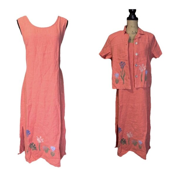 Vintage PICCALINO 100% Linen Peach Pink Dress Set Floral Beach Resort Travel 12P - Picture 1 of 13